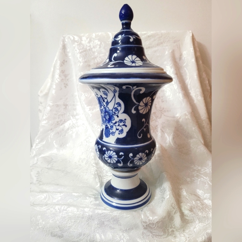 Vintage Blue and White Jar with lid.